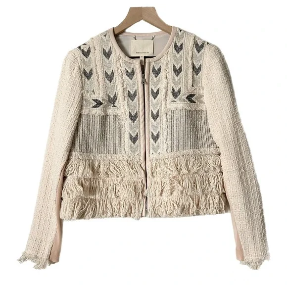 Rebecca Taylor Tweed Embroidered Fringe Blazer Jacket in Cream Pale Pink Size 10 - Picture 2 of 6